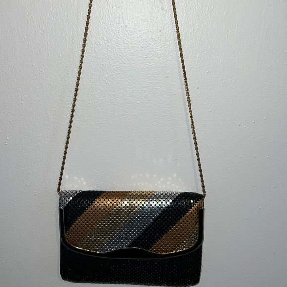 Vintage Black Silver Gold Link Mesh Evening Purse Clutch Crossbody Retro 80s - Picture 8 of 10